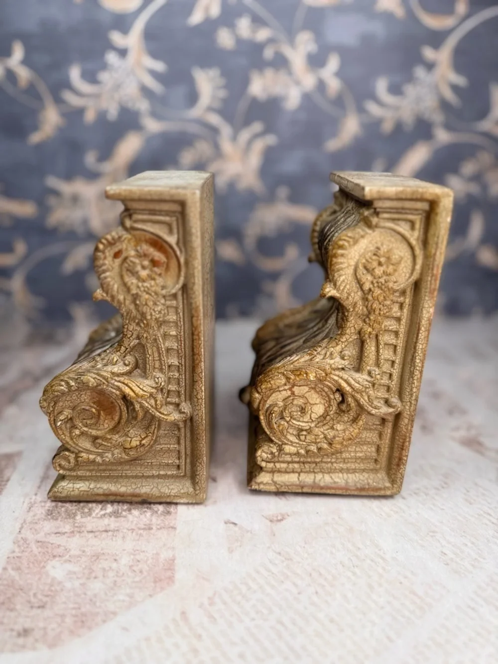 Vintage Ornate Bookends Faux Bois Resin Wood Gilt Scroll Pair